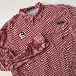 Columbia PFG 4X Super Bonehead NC State Mens Red Checkered Vented Tailgate Shirt